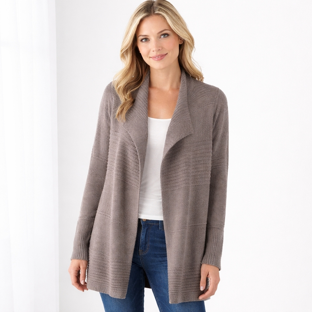 Olsen Cotton Blend Knit Cardigan Taupe Open Front Textured Longline Sweater
